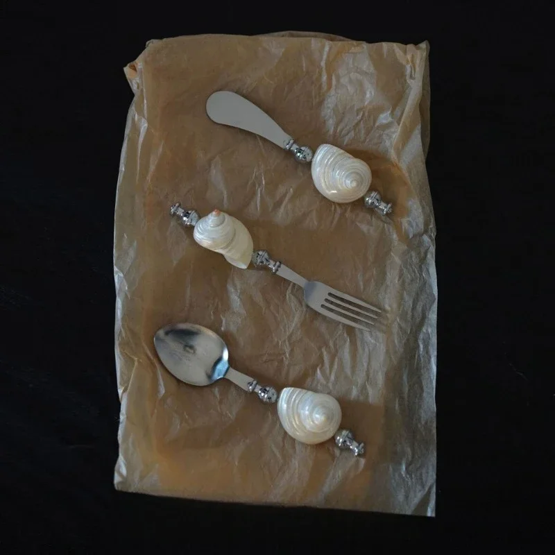 Moonlight Pearl White Conch Stainless Steel Fork Spoon, Butter Knife Tableware