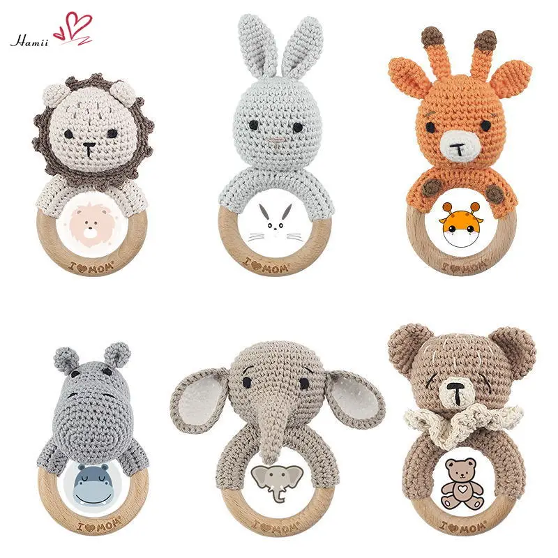 1PC Baby Rattles Cute Cartoon Bunny Crochet Rattle Toy Wood Ring Baby Teether Rodent Baby Gym Mobile Rattles Newborn Rattle Toys