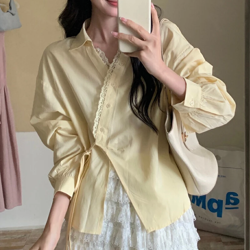 French Lace Patchwork V Neck Blouse for Women 2026 Trends Irregular Bandage Long Sleeve Shirt Woman Elegant Loose White Blouses