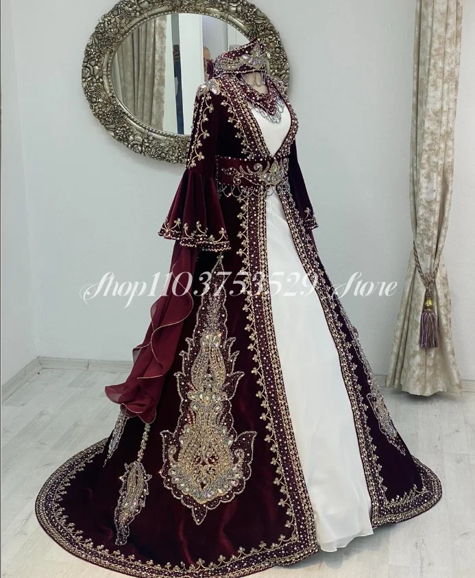 Long Sleeve Placket Burgundy Evening Dress Exquisite Luxury Embroidery Applique Diamond Beaded Ethnic Dress فساتين سهرة فاخرة