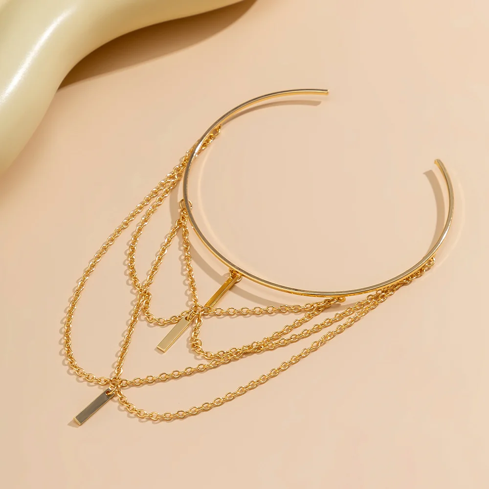 Gold Color Open Upper Arm Bracelet For Women New Fashion Rectangle Stick Charm Tassel Bangle Party Jewelry Accessories