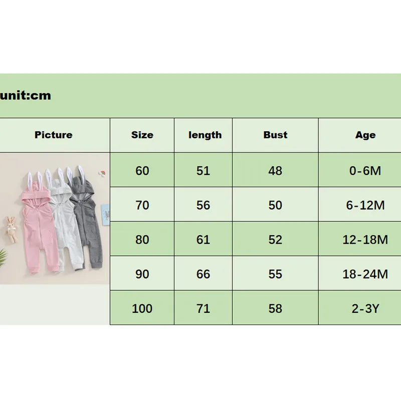 Newborn Baby Girl Easter Romper Summer Clothes Sleeveless Zipper Up Front Pocket 3D Rabbit Ear Hooded Jumpsuit Baby Clothing