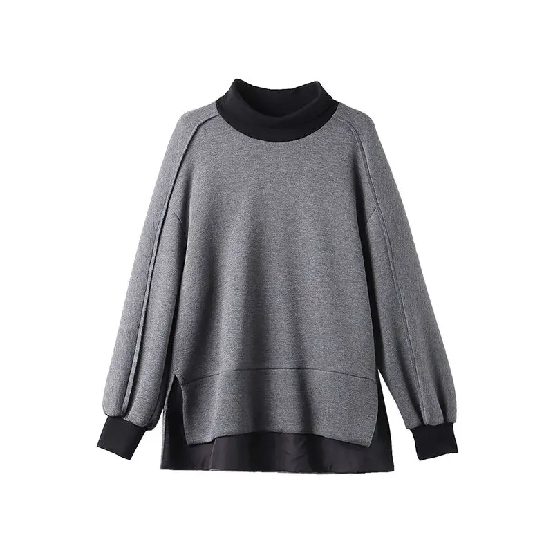 Female Streetwear Loose Solid Color Stylish Asymmetrical Split Pullovers Spring Autumn Turtleneck Patchwork Korean Sweatshirts