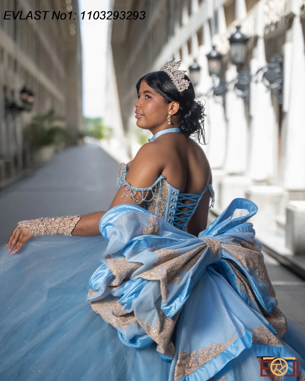 EVLAST Personalizzato Lucido Blu Floreale Abito Quinceanera Abito di Sfera Oro Applique di Pizzo Che Borda Dolce 16 Abiti Da 15 Anos E1QN643