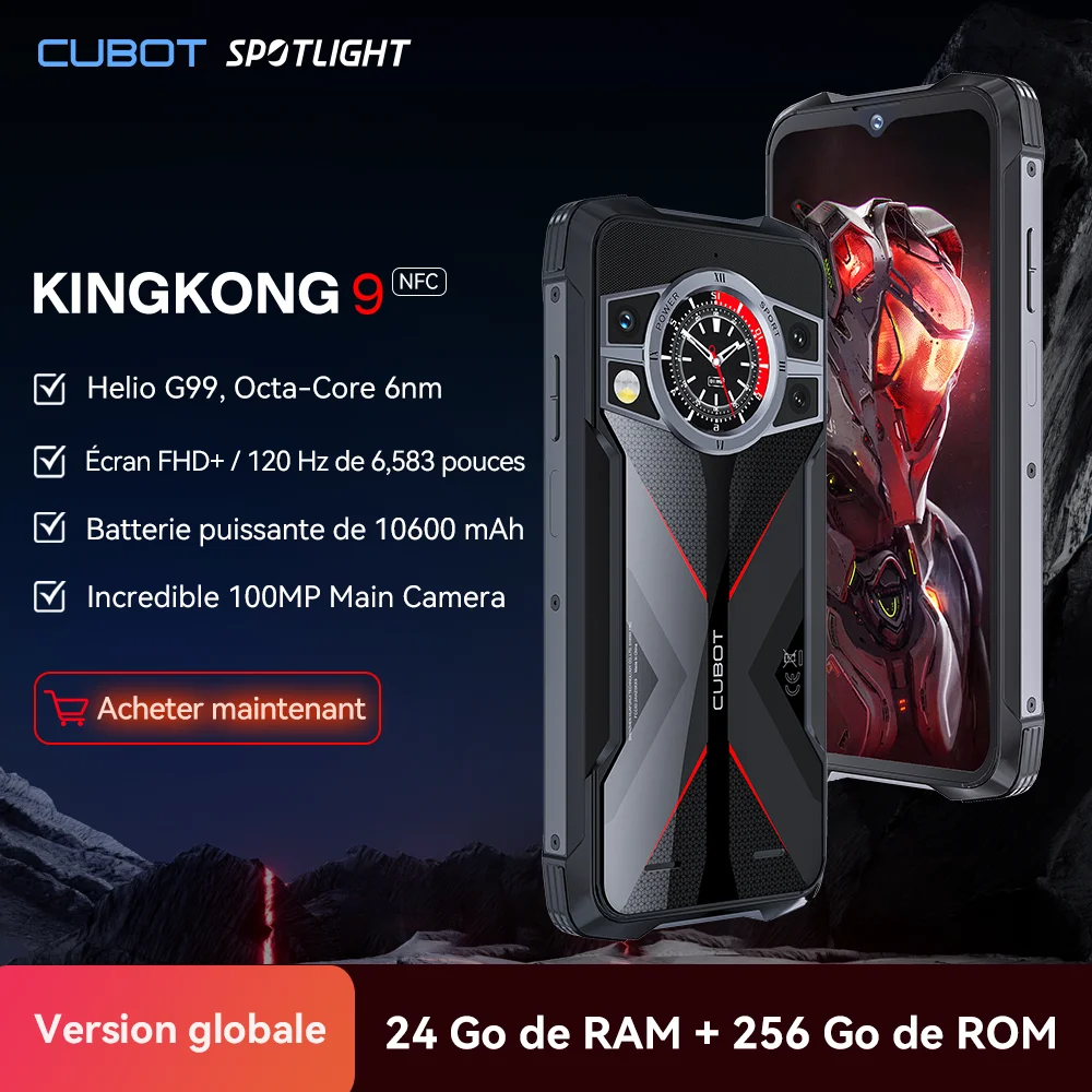 Cubot KingKong 9, Helio G99, Octa-Core, 10600mAh, écran FHD+ 120 Hz 6,583", 24 Go de RAM (12 Go + 12 Go étendus), 256Go de ROM, IP68/IP69K rugged smartphone android 13, appareil photo 100MP, NFC, 4G telephone portable