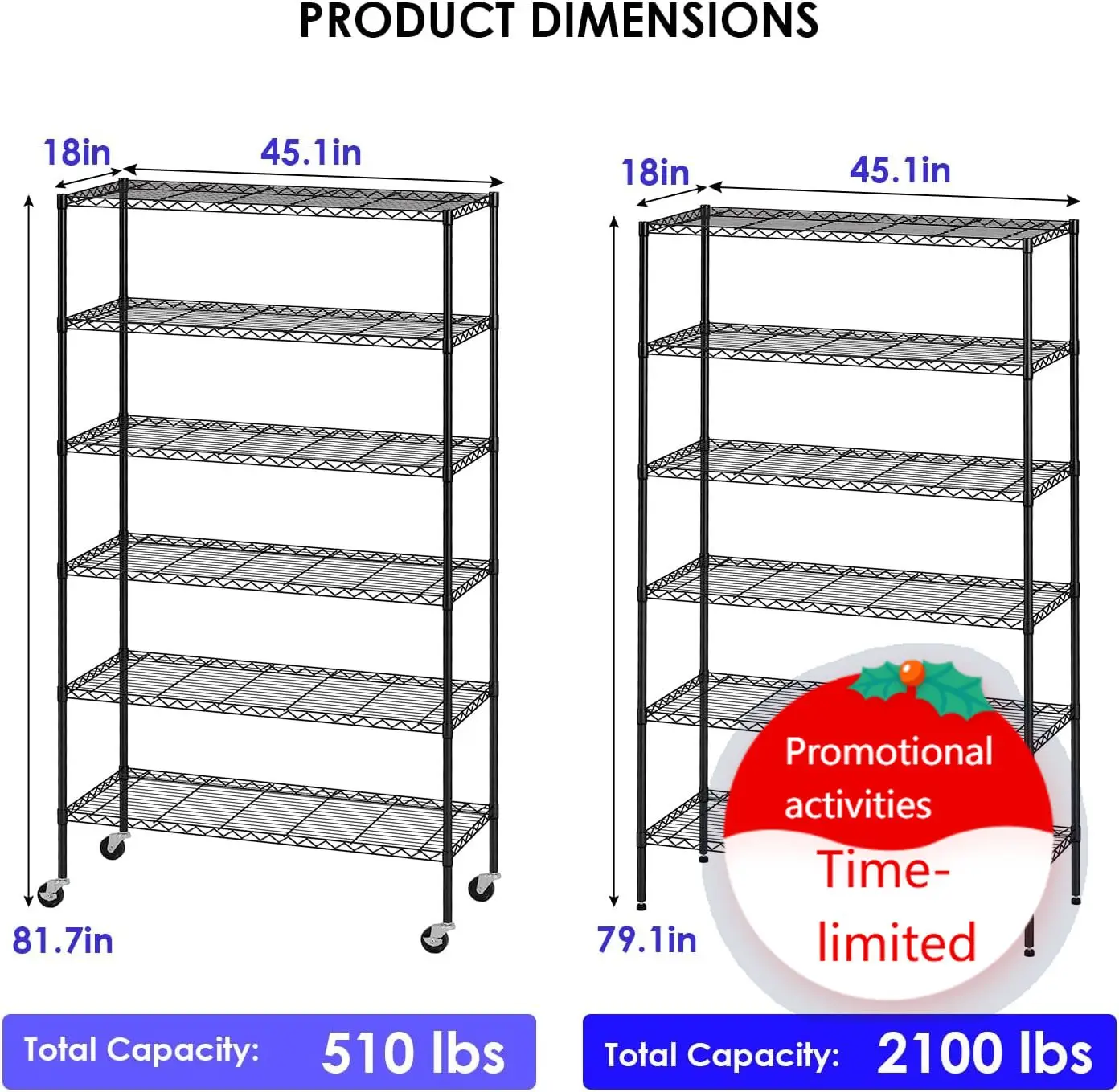 

FDW 6-Tier Wire Storage Shelves with Wheels 45"x18"x82" Black Adjustable Racks Heavy-Duty Metal Shelf, Holds Upto 2100