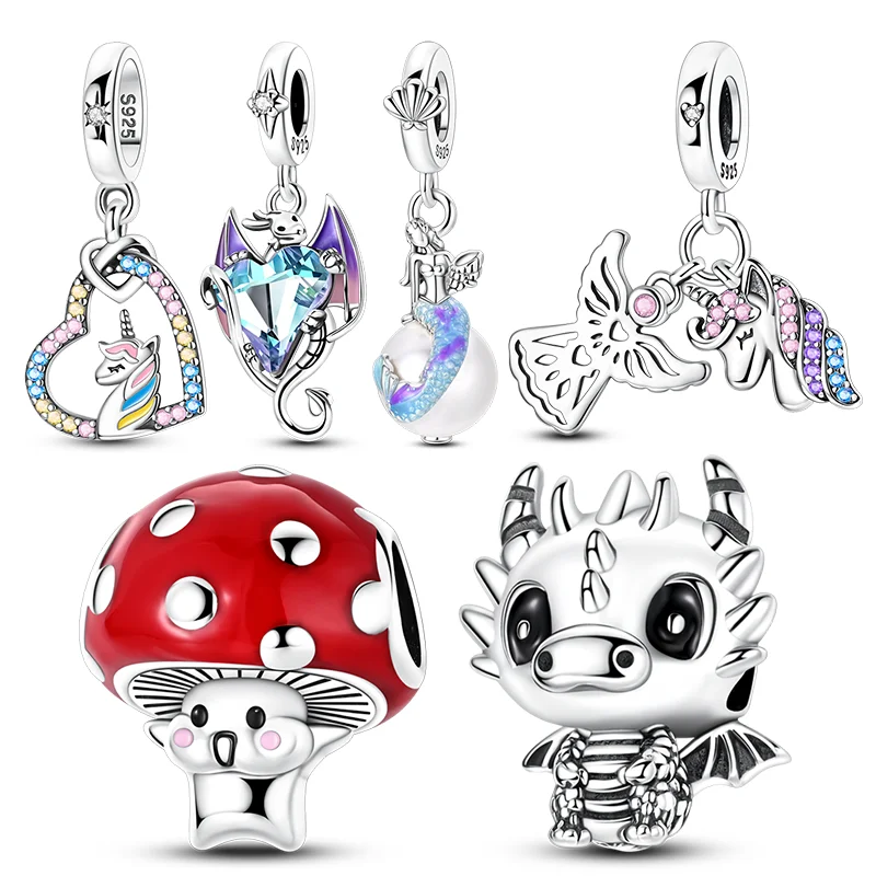 

925 Sterling Silver Charms Beads Little Flying Dragon Unicorn Elephant Pendants Fit Women Original Bracelet DIY Christmas Gift