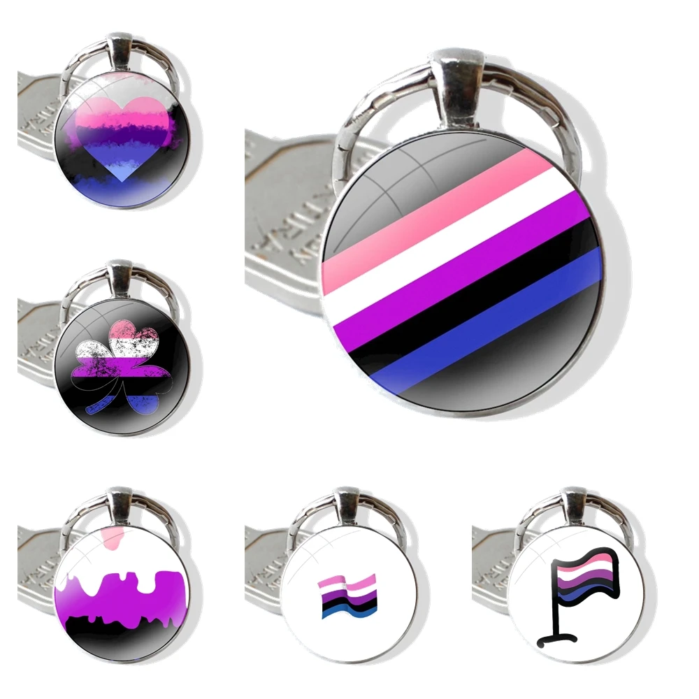 Genderfluid Flag Keychain Handmade Glass Cabochon Key Ring Holder Pendant Key Chains