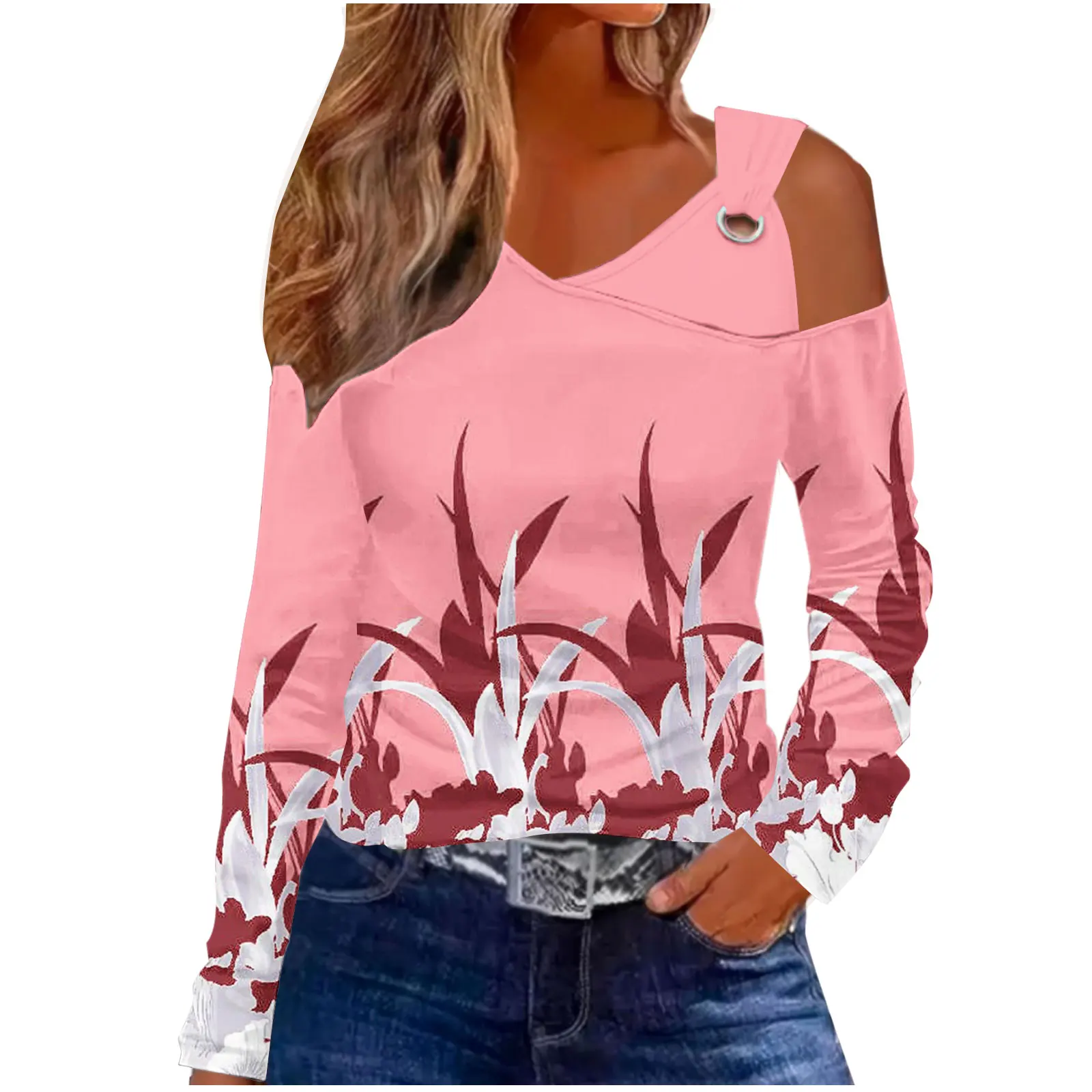 2024 Autumn Long Sleeve Fashion  Print Solid Color Slim Off-the-shoulder T-shirt Casual Design Sense T-shirt Women's Cotton Top