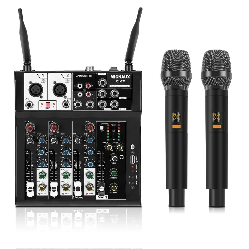 

Fuluode X1-2C Audio Mixer with 2 Wireless Microphone USB Sound Table Bluetooth Console DJ Mixing For Party Karaoke Machine