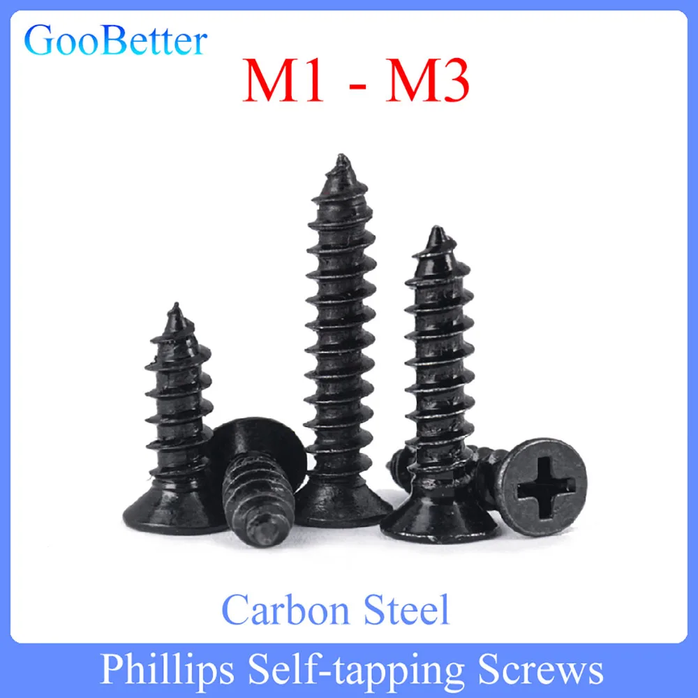 

100Pcs Phillips Countersunk Head Self-tapping Screws M1 M1.2 M1.4 M1.7 M2 M2.3 M2.6 M3 Carbon Steel Cross Recessed Wood Bolts