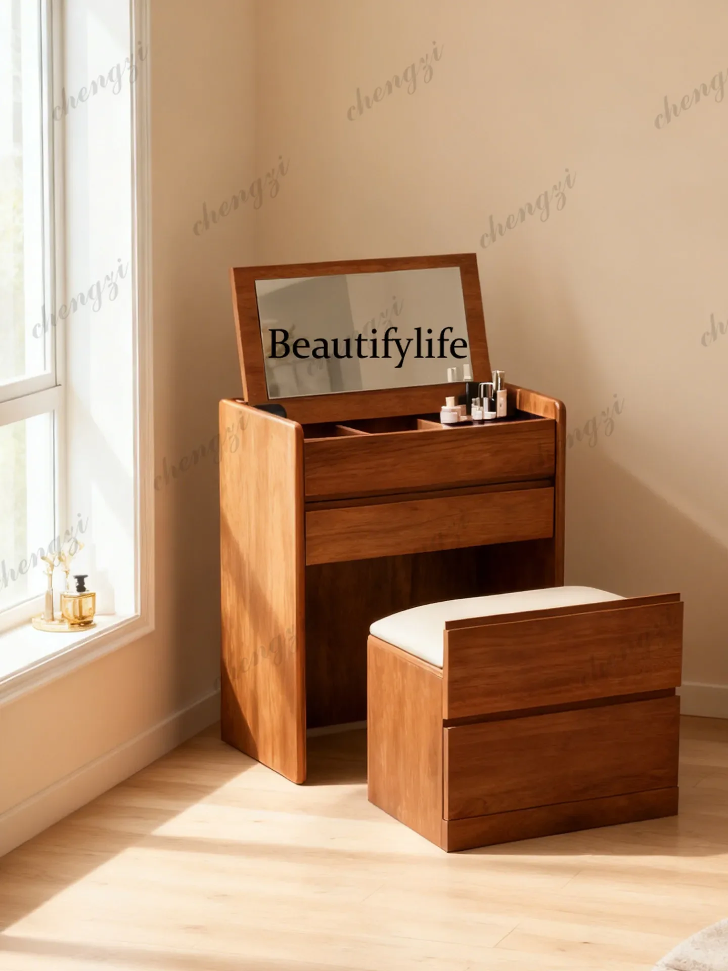 A55 Solid wood dresser small cosmetic table bedroom small apartment simple modern flip bedside table integrated