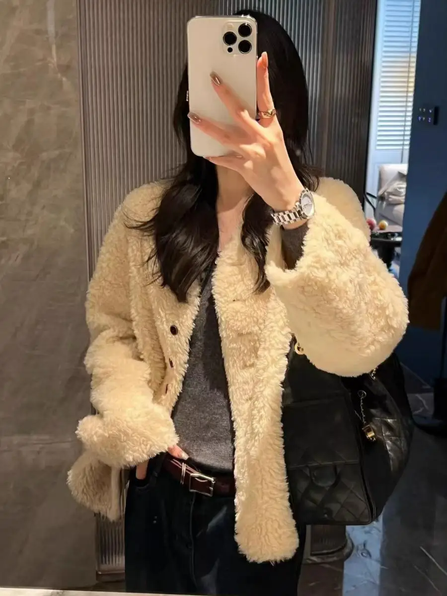 

Full Wool Fur Jaet Ele V-Ne Medium-Length One-Piece Outerwear Soft Sle Daily Wear Warmth Assurance