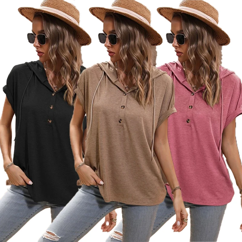 

Summer New Casual Fashion Hooded Tops Loose All-match Solid Color T-shirt Versatile Hooded Drawstring Hoodie for Women