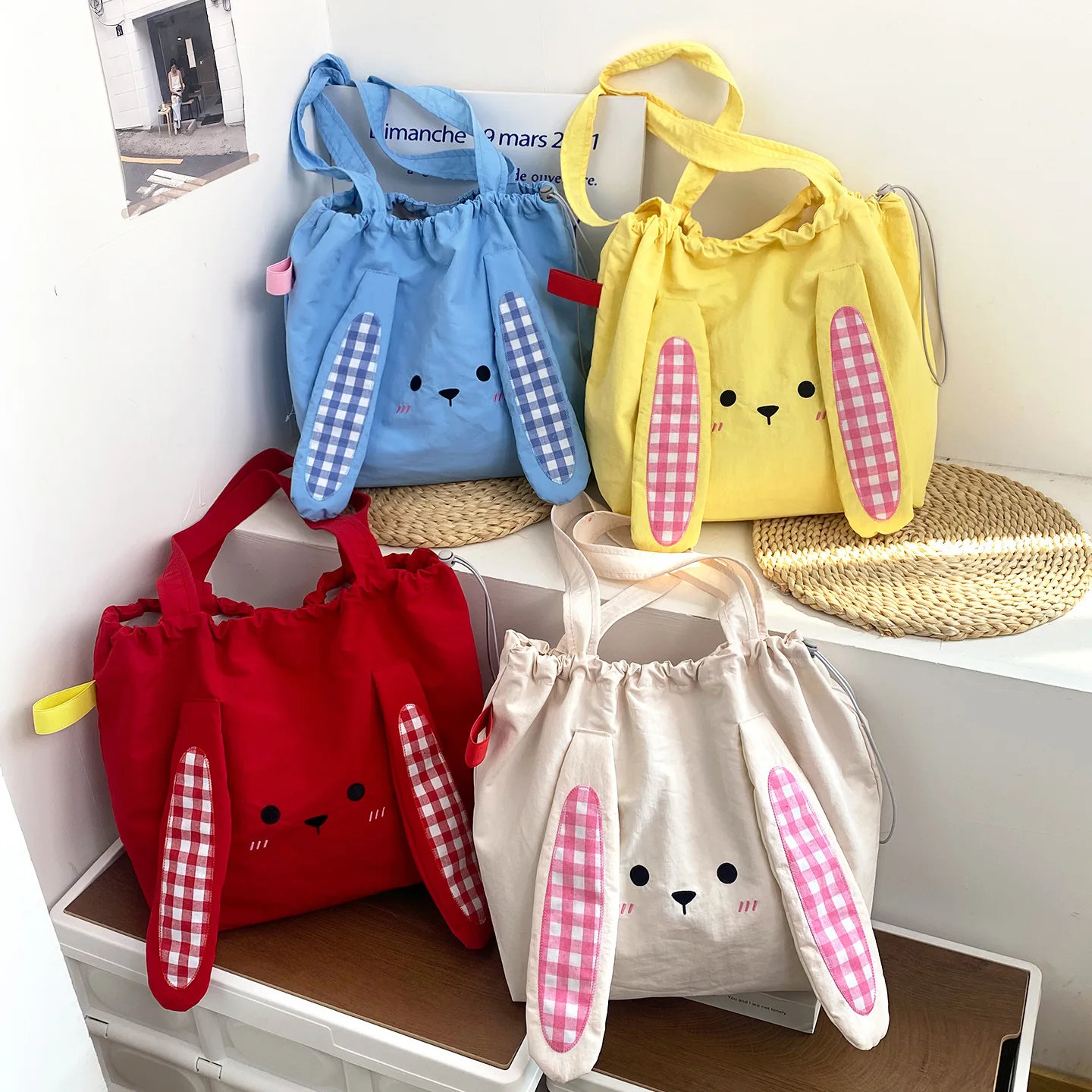Lightweight nylon cloth cartoon cute bunny shoulder bag large capacity strap mouth hand waterproof lady tote bag