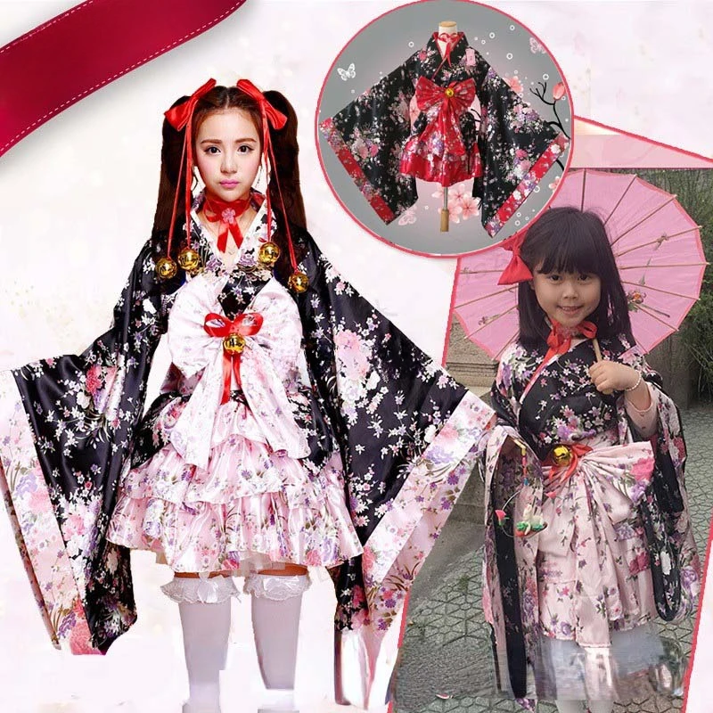 Kimono Traditional Japanese Hanfu with Long Sleeves Anime Women Adult Kids Child Girls Lolita Dress Japanese Cosplay Costume