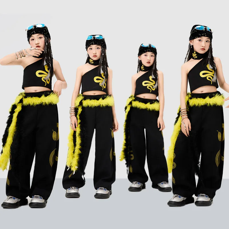 

Kid Kpop Hip Hop Clothing Black One Shoulder Crop Tank Top Casual Wide Golden Snake Sweat Pants for Girl Dance Costumes Clothes