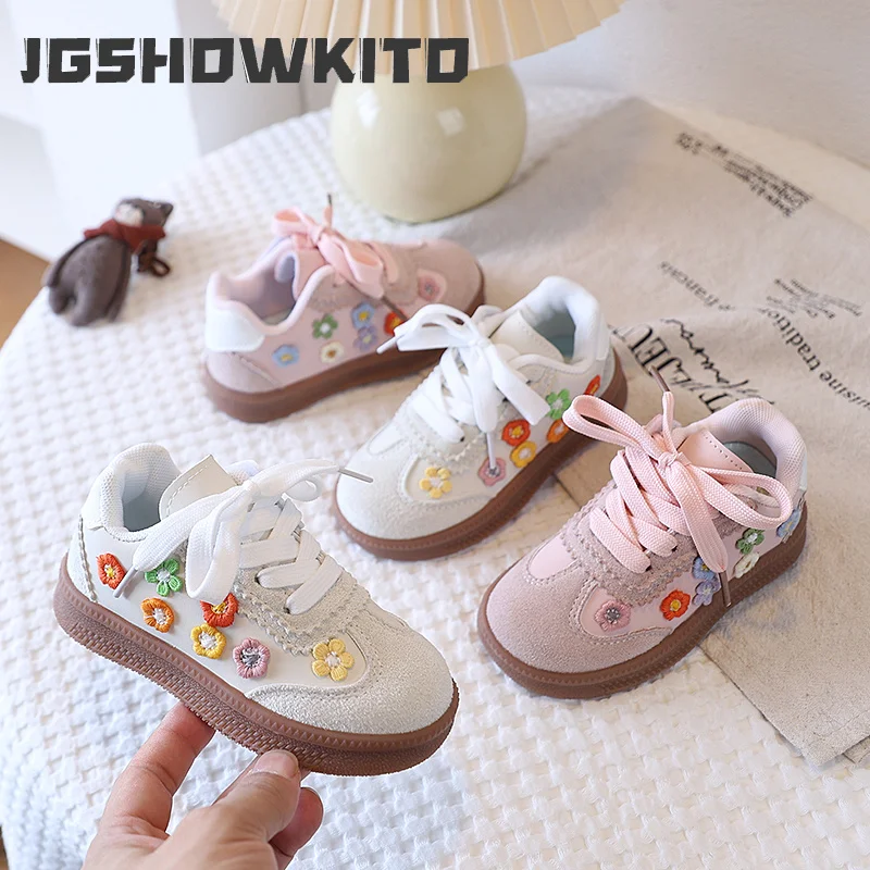 JGSHOWKITO Girls Floral Casual Shoes Fashion Kids Sneakers Lace-up with Embroidery Flowers Soft Breathable Non-slip Skate Shoes