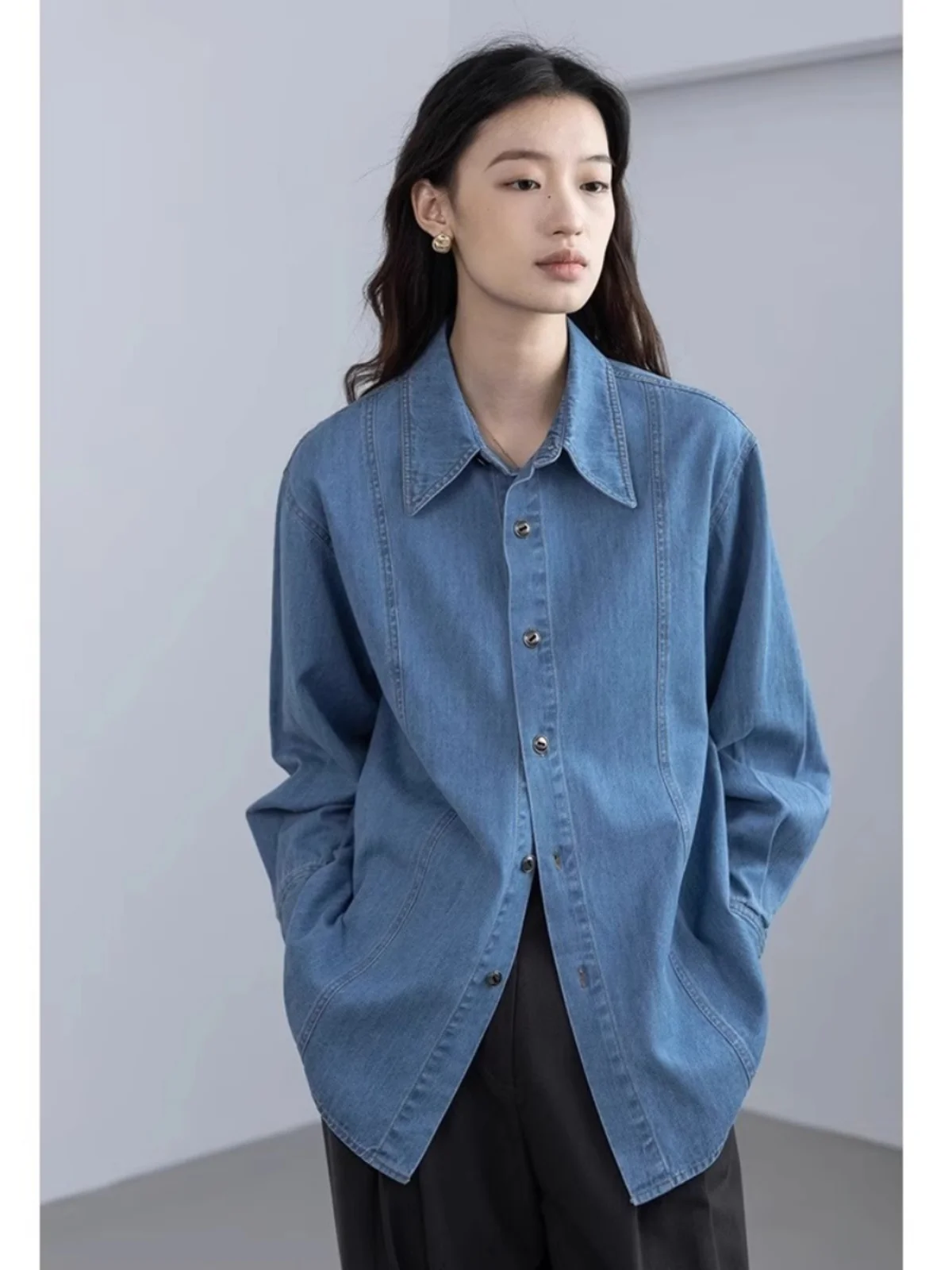 

Classic Rixo Loose Blue Denim Shirt Autumn Casual Mid-Length Top Layering Women's Fashion Casual Style Long Sleeve