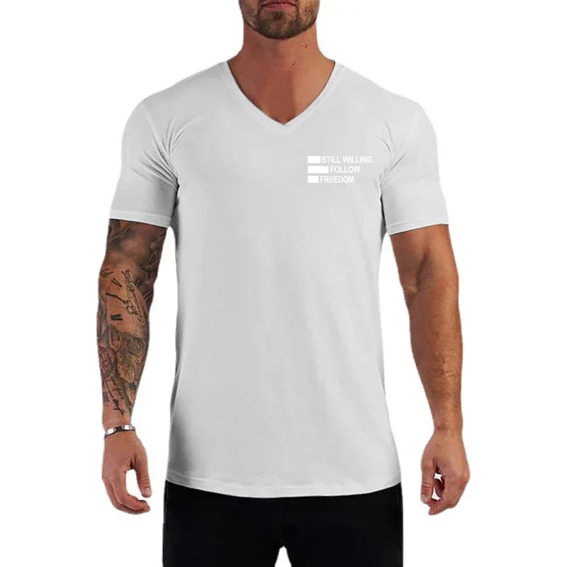 Men Summer Letters Fashion Casual V-Neck Short Sleeve Cotton Sweat Wicking Slim Fit Gym Workout Pumping iron Sports cool TShirt