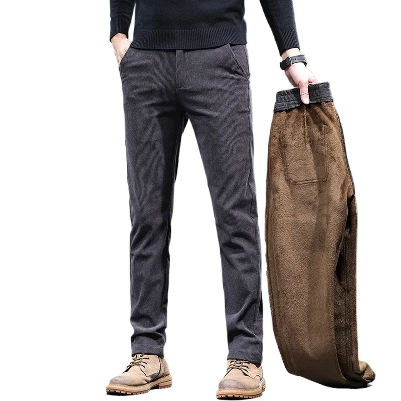 

Новинка 2025 года, зимние флисовые теплые вельветовые брюки, мужские деловые модные облегающие эластичные утепленные серые повседневные брюки цвета хаки, мужские