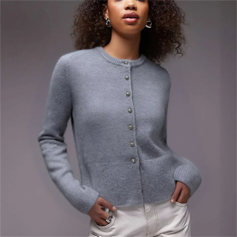 

2025 Fall Fashion Trendy Sexy Women's Round-Neck Long-Sleeve Knit Coat with Ball Buttons