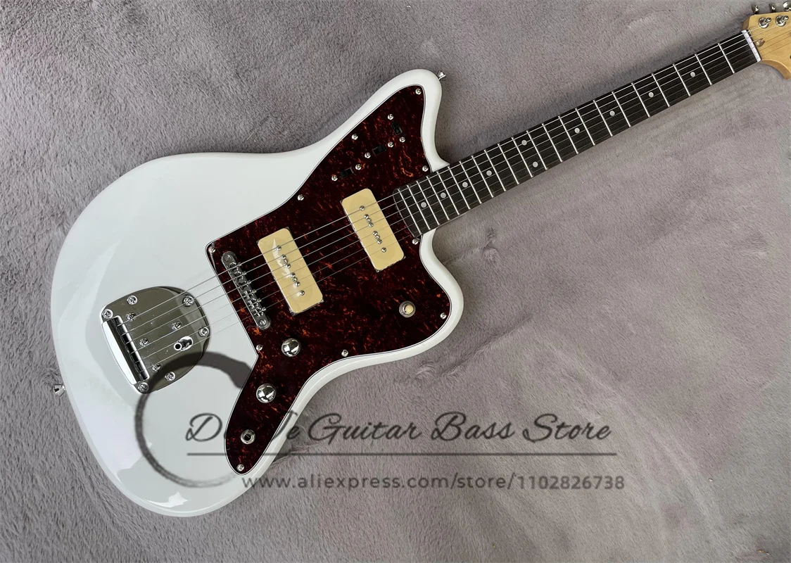 White Electric Guitar Jag Body Rose Wood fingerboard Shell Inlaid Red Tortoiseshell guard Board P90 Pickup Retro Tuner