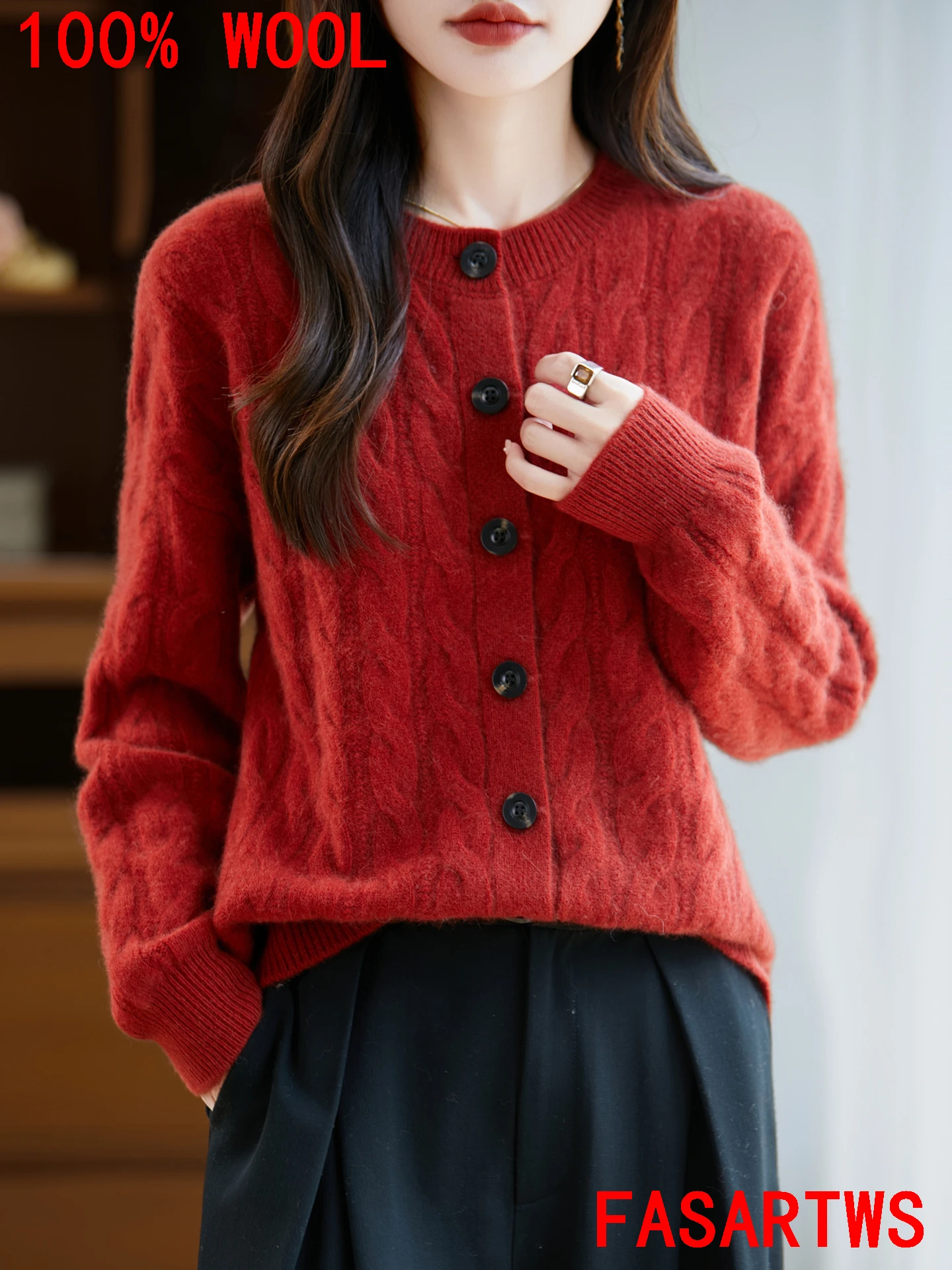 100%Pure Australian Wool Cardigan Classic Twisted Sweater Autumn Winter Thickened Warmth Out Coat Women's Leisure Elegant Style