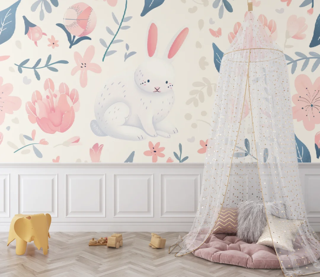 Custom size mural hand-painted cartoon cute rabbit flower wallpaper pink flower decoration painting princess room tiled murals