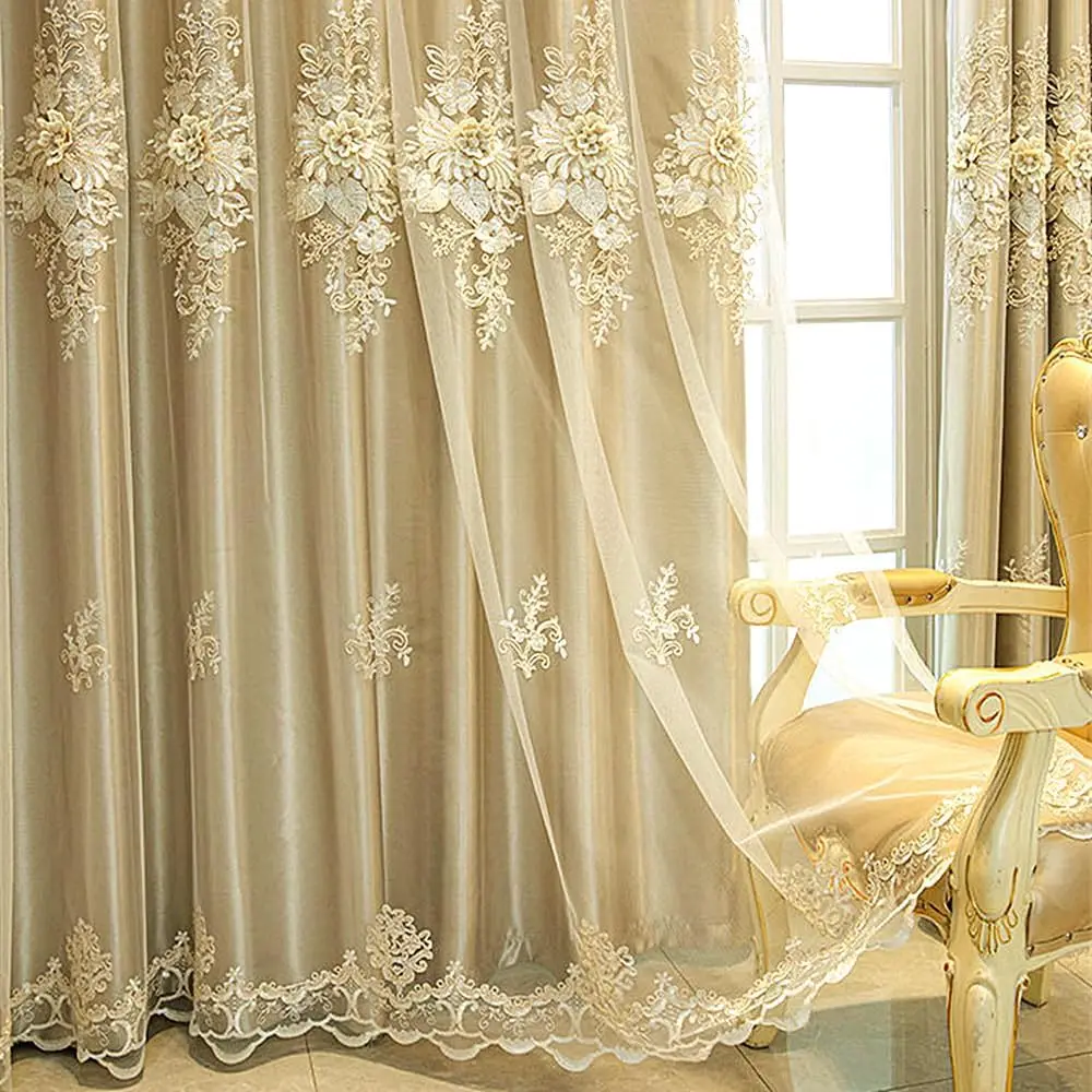 

Luxury European Curtain with Valance for Living Room Bedroom Double Layer Embroidered Curtain