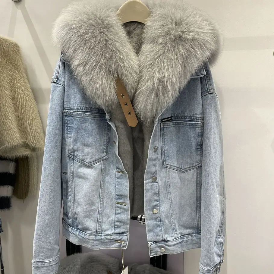 

2023 Winter Denim Parka Women Fox Fur Sailor Collar Rex Rabbit Fur Liner Coat Loose Casual Female Overcoat Jacket Y3294