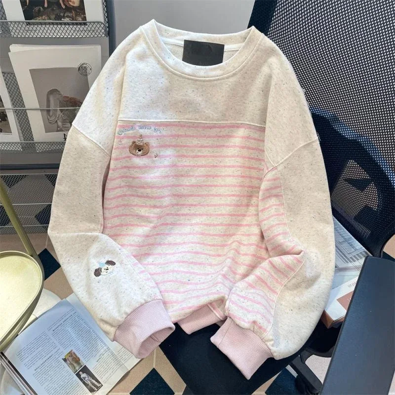 Ebaihui-女性のためのかわいいクマの刺繍パーカー、対照的なストライプ、ラウンドネック、女性のプルオーバー、日本のプレッピースタイル、カジュアルトップ