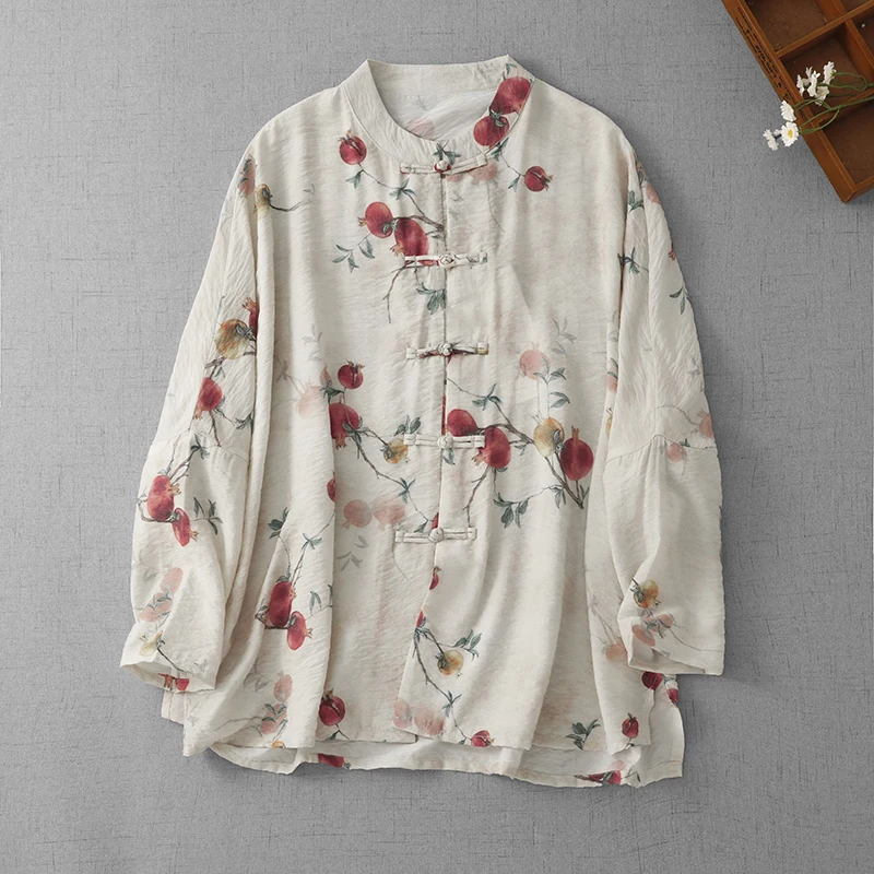 

New Spring Chinese Style Cotton Linen Small Pomegranate Flower Artistic Button Shirt Jacket Women's plus Size Fashion