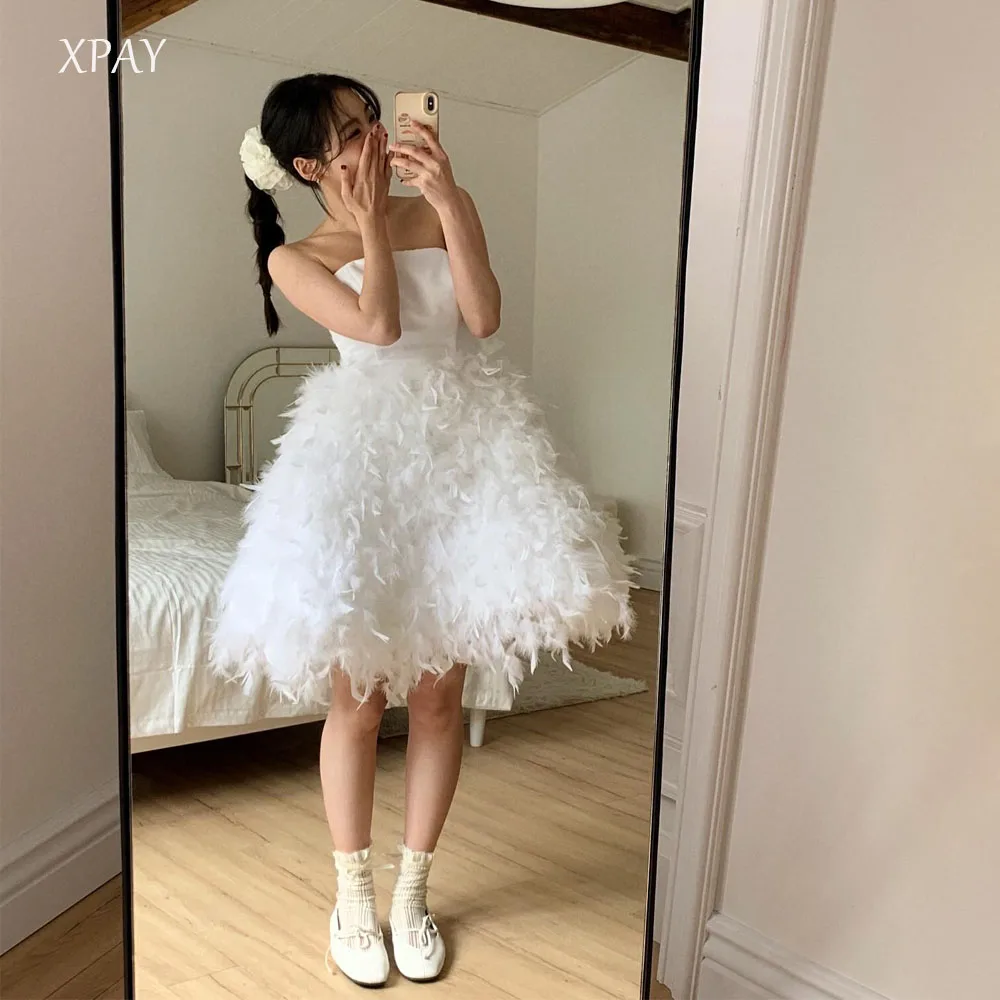 

XPAY Simple Strapless A-line Knee-Length Wedding Party Dresses Fluffy Decoration Feather Bride Gowns Formal Party Customized