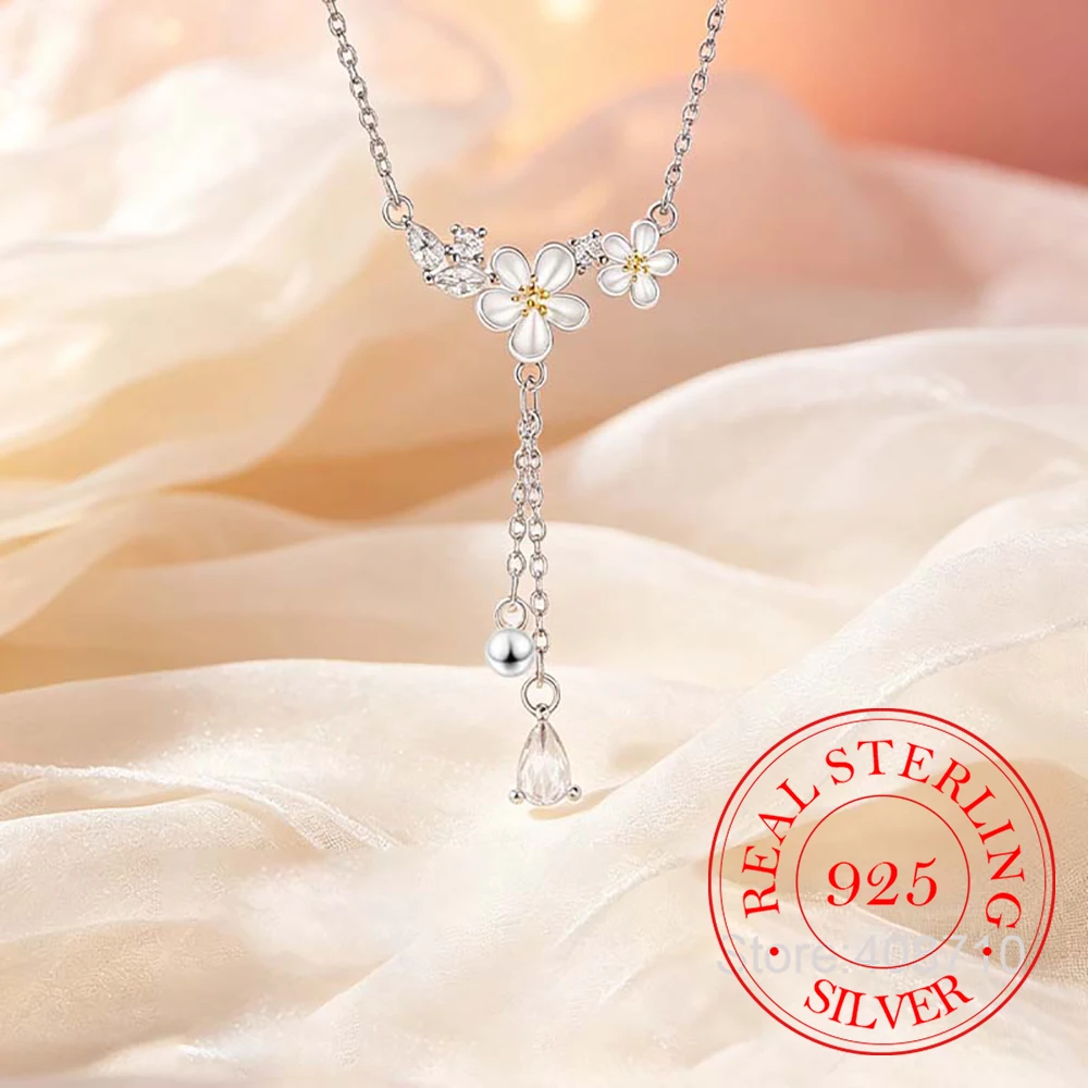 925 Sterling Silver Jewelry Luxury Crystal Gardenia Flower Chains Necklace for Women Wedding Party Jewelry Girls Friends Gift