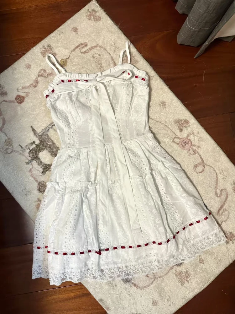 

Design Casual Fashion White Sling Dress Women Summer Vintage Slim Off Shoulder Embroidery Dresses Elegant Pretty Thin Clothing