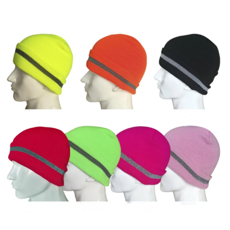 Chapeaux tricotés unisexe à rayures réfléchissantes, bonnets lumineux pour l\'extérieur, cyclisme, Ski, chaud, pour femmes et hommes, automne et hiver