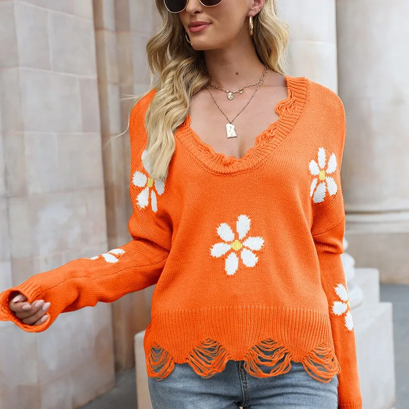 Broken Hole Pullover Knitted Sweater With Sweet Floral Pattern For Women Loose Long Sleeved V-neck Knitted Sweater Autumn/winter