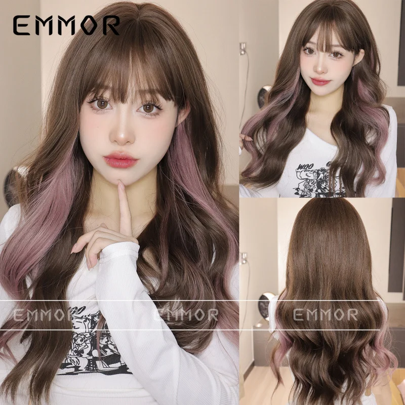 

Women's long curly , brown slightly curled highlights, pink fluffy hairpiece with air bangs, realistic full-head wig for