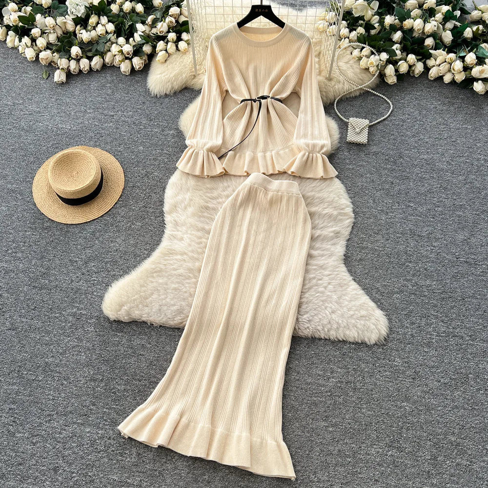 

Women Two Piece Sets Skirt Set Round Neck Full Sleeve Tops Ruffles Long Skirts A Line High Waist Y2k Streetwear Elegant Autumn