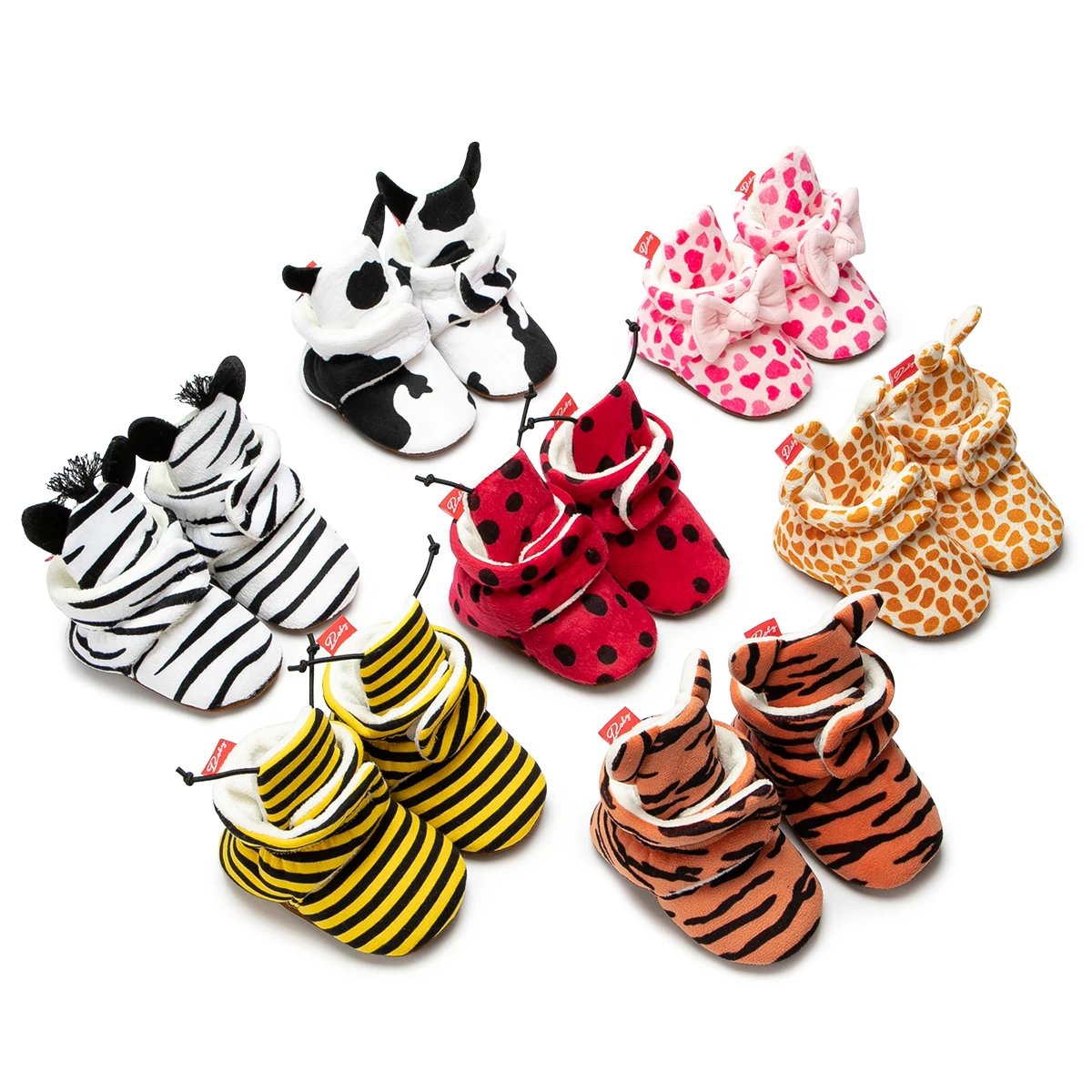 Cartoon Animal Winter Booties for Babies Fuzzy Fleece Lined Non-Slip Soft Sole Newborn Pre-Walk Shoes Zebra Tiger Bee Styles