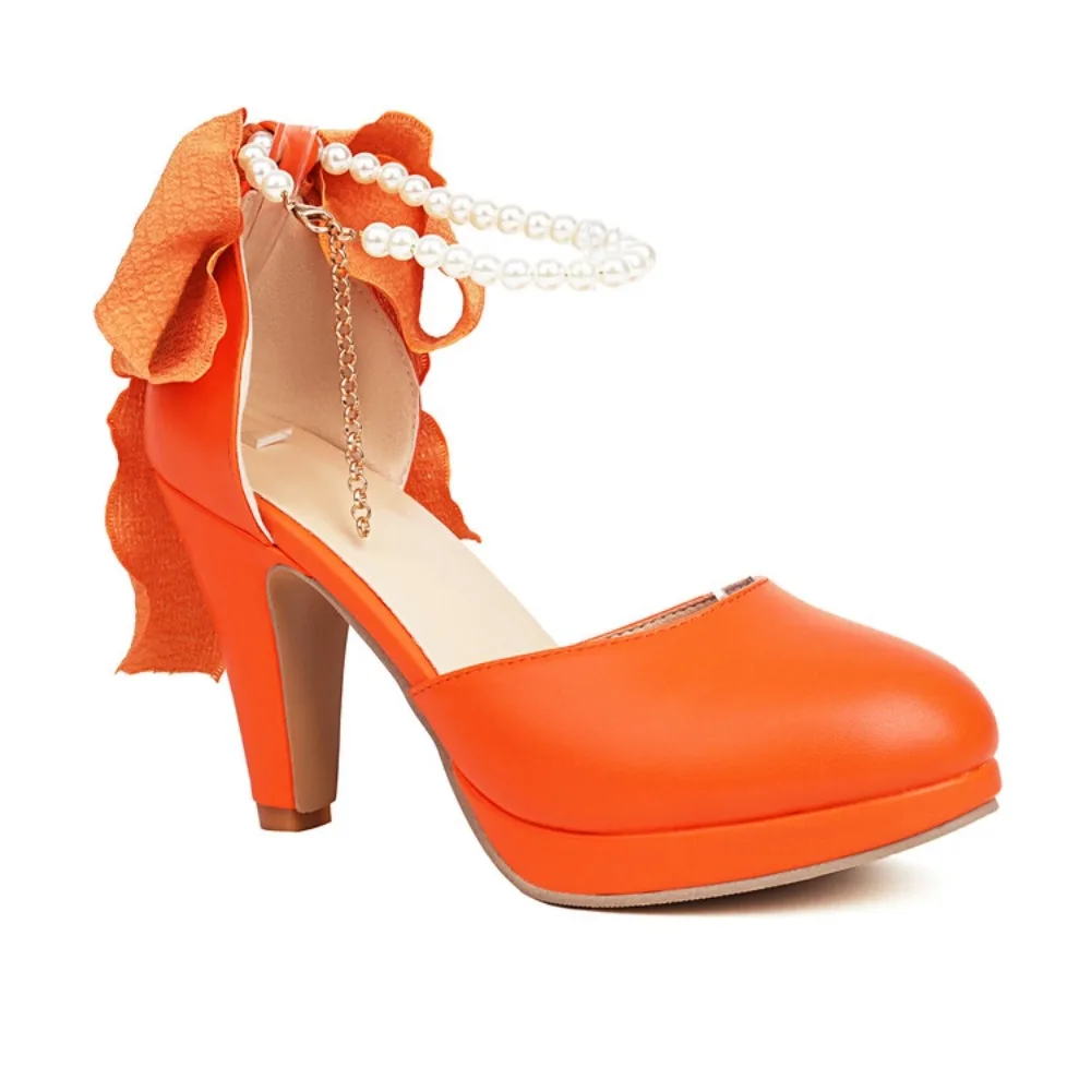 

Women's Orange Peep Toe Heeled Sandals Ruffle Ankle Strap Platform Chunky Heels Plus Size 34-48 Elegant Party Wedding Shoes V-24