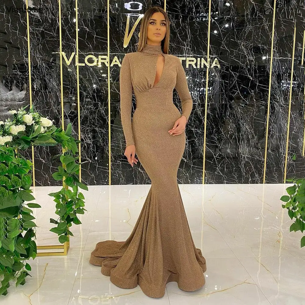 فستان حورية البحر باللون الأسود من الساتان للحفلات الراقصة بياقة عالية ورقبة دائرية وأكمام طويلة فستان حفلات إسلامية فيستدو دي نوش