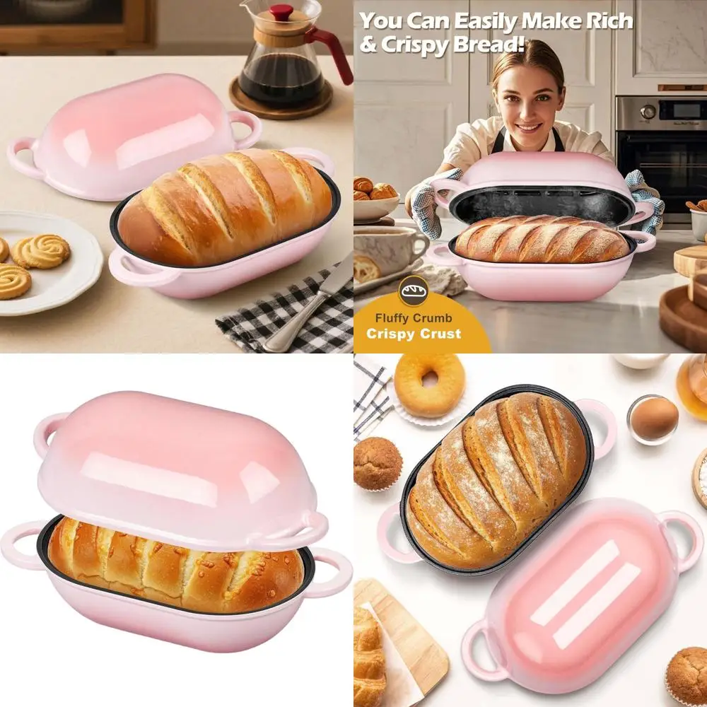 

Pink Heavy-Duty 2.8 QT Oval Enamel Cast Iron Dutch Oven for Bread and Roasting