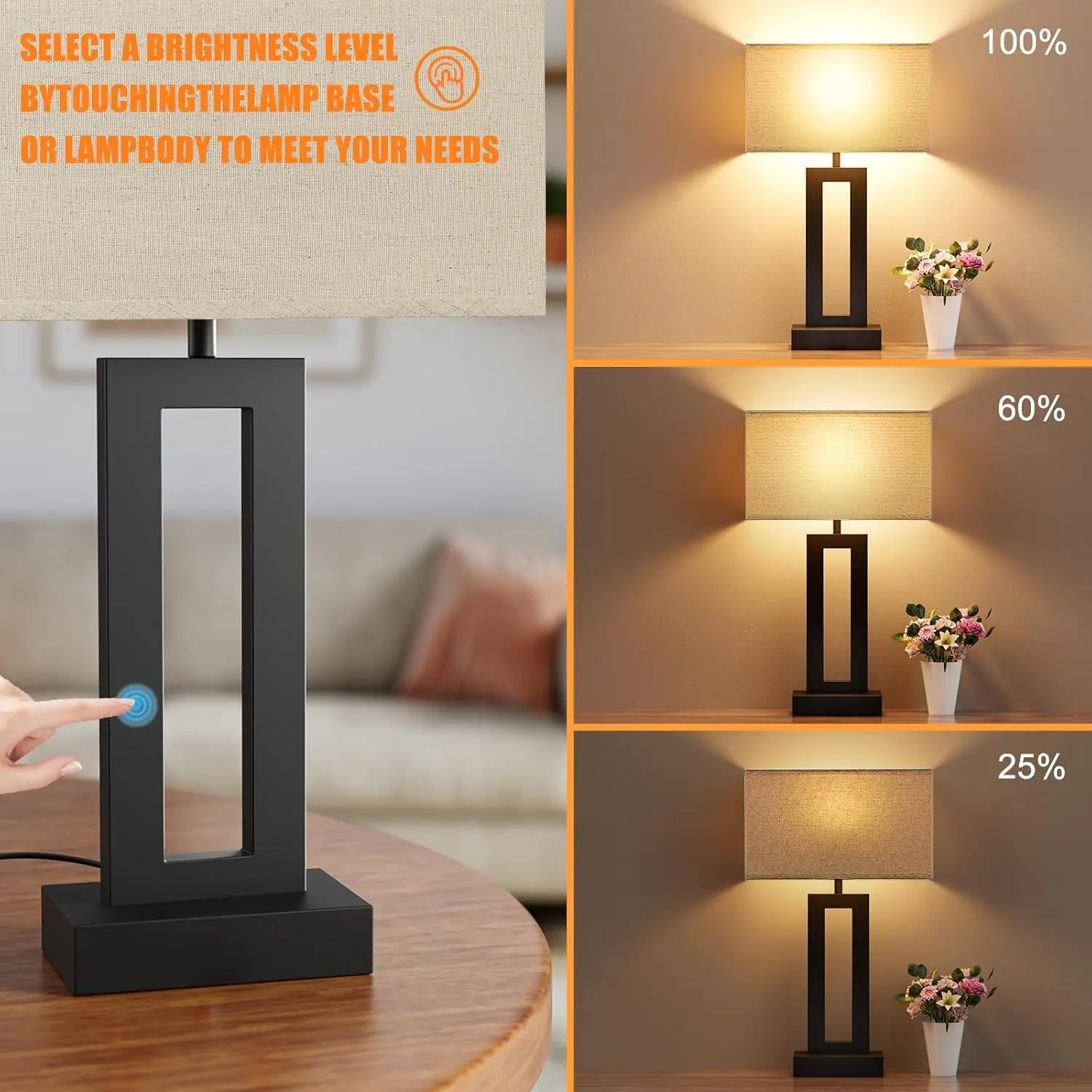 Touch Control Dimmable Bedside Lamps with USB C+A Charging, LED Bulbs Included, Easy Assembly