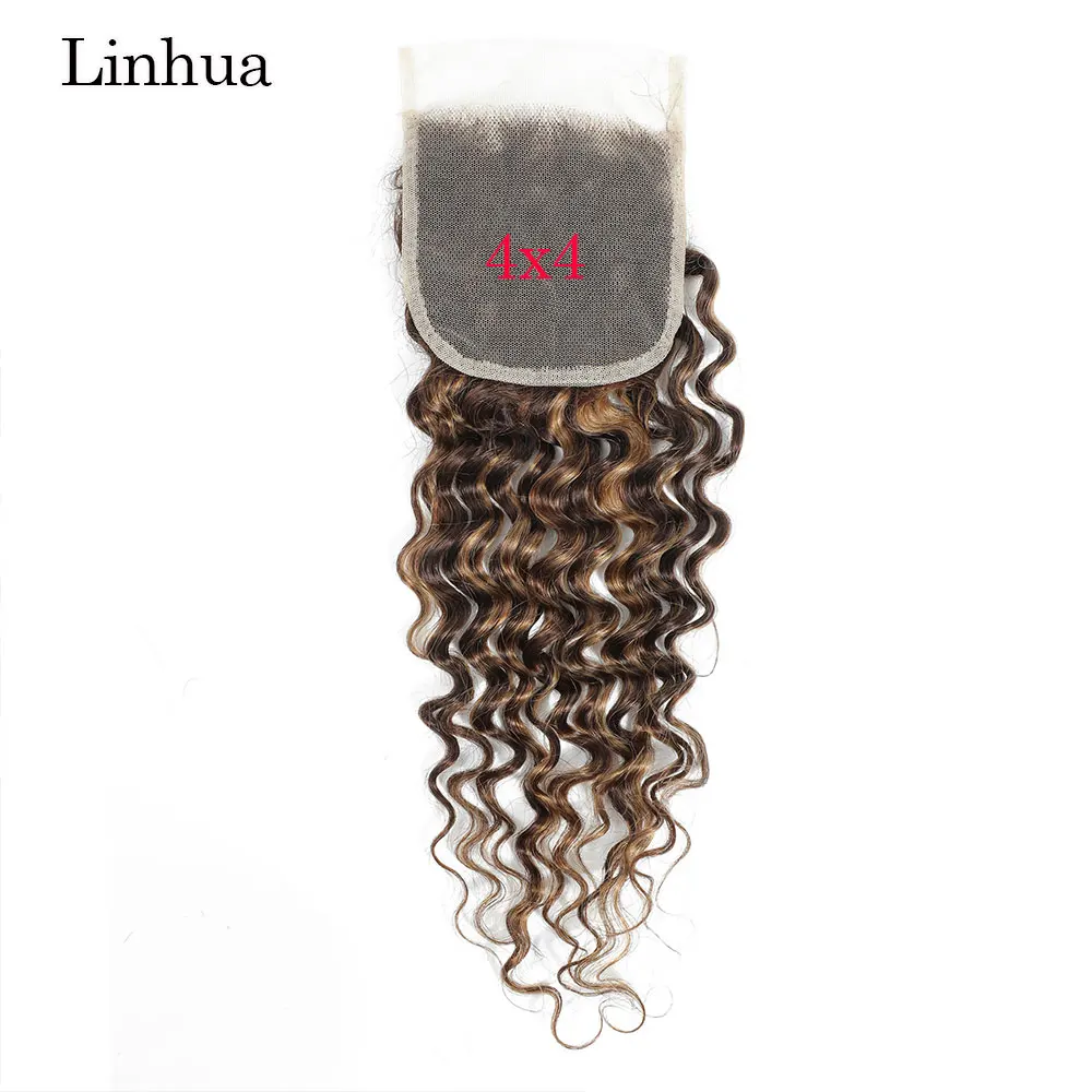 Llinhua-Cheveux humains Deep Wave avec fermeture en dentelle transparente, Ombre, Brun, Blond miel, P4, 27, 4x4, 5x5, 13x4