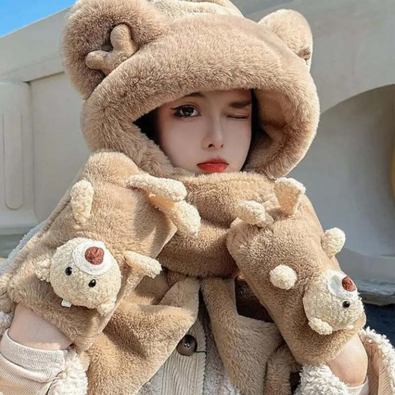 

Autumn Winter Little Bear Hat Scarf Integrated Women's Cold weather Warm Plush Gloves Three-Piece Set Cute Hooded Ear Protection