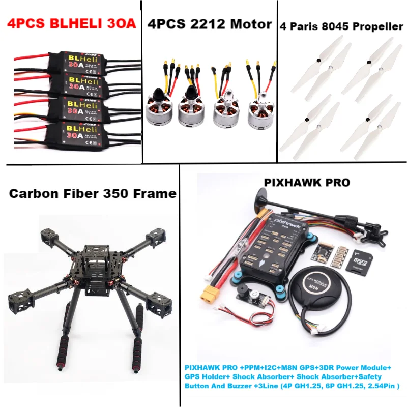 Rctosky Carbon Fiber350 PIXHAWK PRO M8N/M9N/M10 KitFlight Control Ardupilot Radio Telemetria Quadcopter BLHELI 30A ESC 2212 Motore