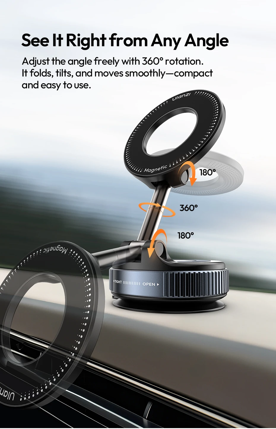 Ulanzi SK-25 Handyhalter Vakuumsauger MagMount 360° ° Flexible Anpassung für Smartphone, Autofenster, Armaturenbrett, Livestream Vlog – Detail 6