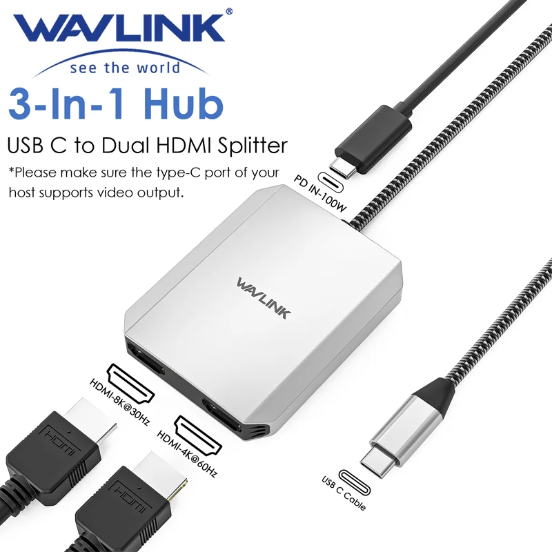 WAVLINK USB C to HDMI Dual Display Adapter 4K@60Hz 3-In-1 HDMI Adapter with 95W Power Delivery for MacBook Pro/Air Laptops